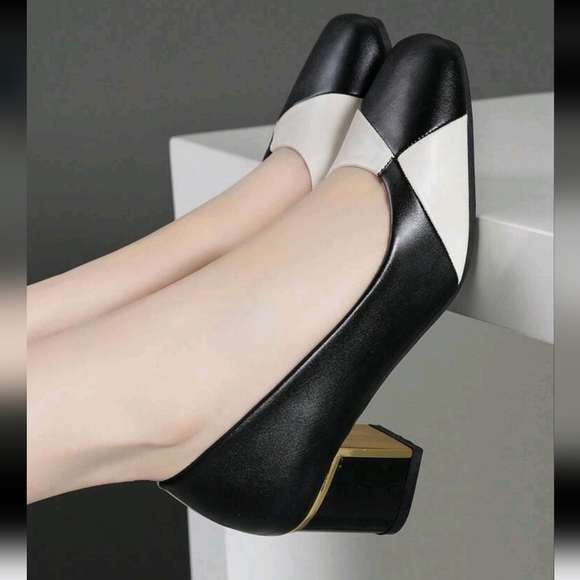 Women Comfortable High Heel Shoes, Red White Color Block Pointed Toe Chunky Heel - Picture 4 of 6